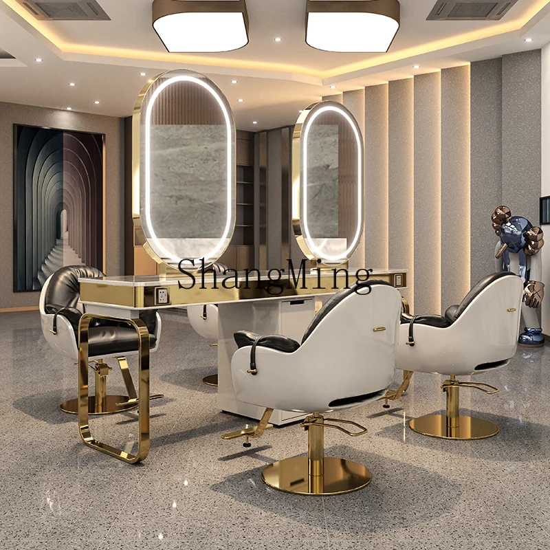 

HJ high-end barber shop stainless steel mirror table hair salon special marble countertop perm and dyeing table with cabinet