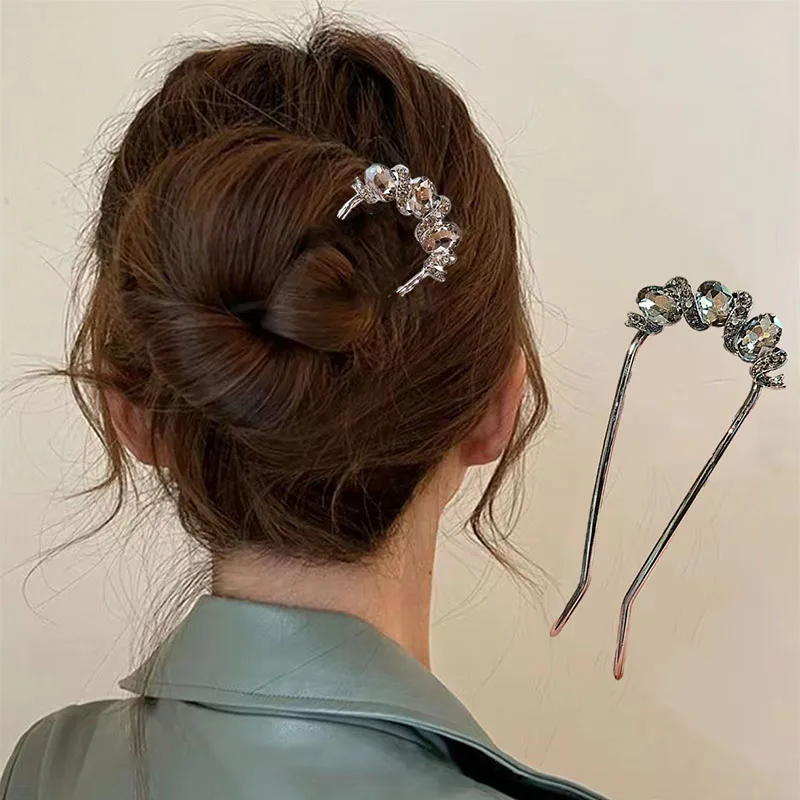 High-end Metal Crystal Leaf U-shaped Hairpin Women Simple Black Color Rhinestone Hair Clasp Bun Hair Sticks Hair Accessories