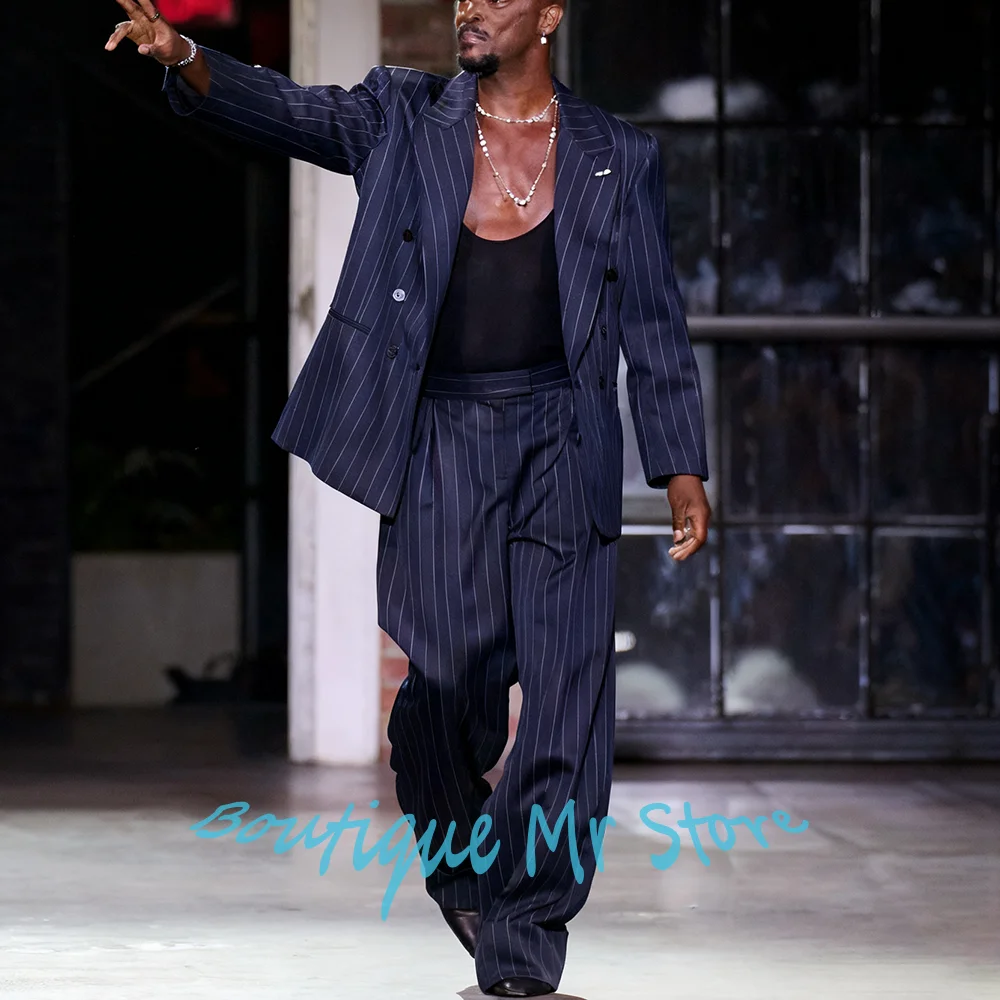 

Elegant Navy Blue Pinstripe Suits for Men Double Breasted Peaked Lapel Blazer+Pants 2Piece Set Smart Casual Gentlemen Clothing