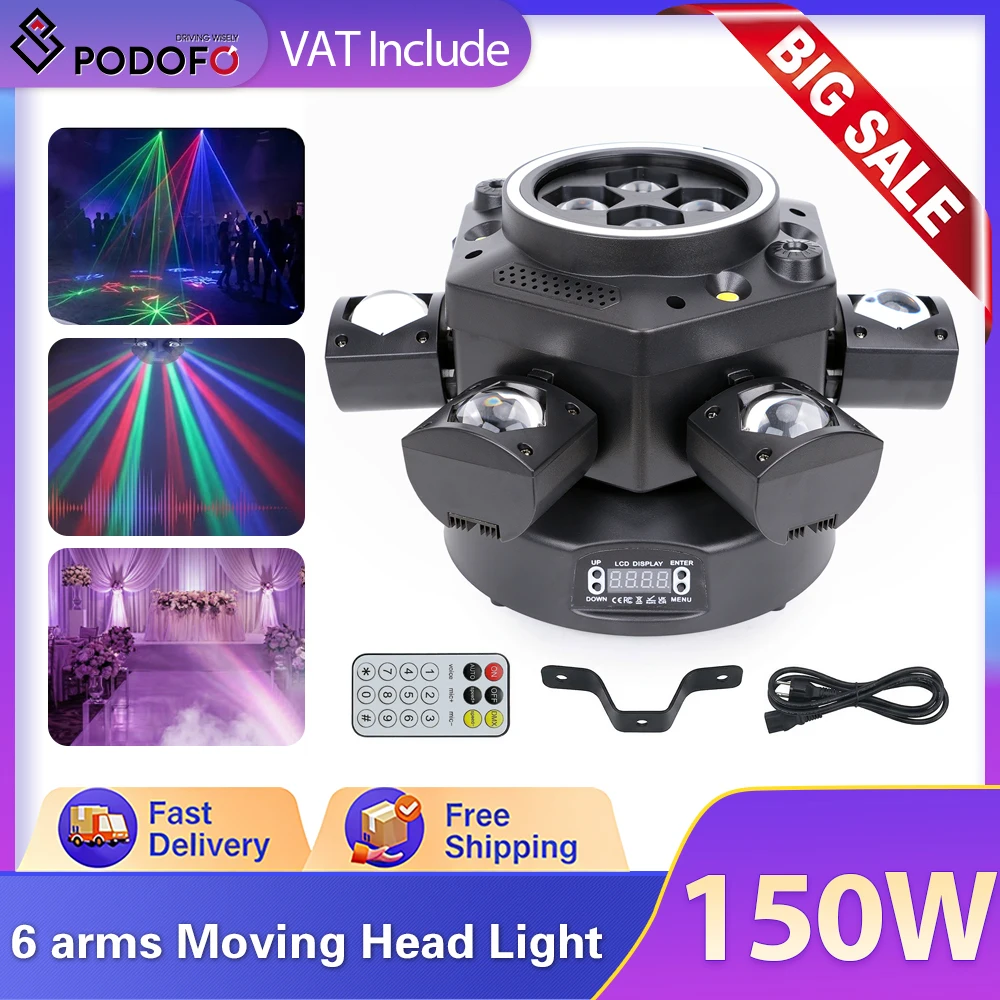 Podofo 6 Koppen 10X10W Bewegende Kop DJ Licht Beam Laser Strobe DMX512 Stage Licht Volledige Kleur LED Draaiende DJ Disco Party Club Bar