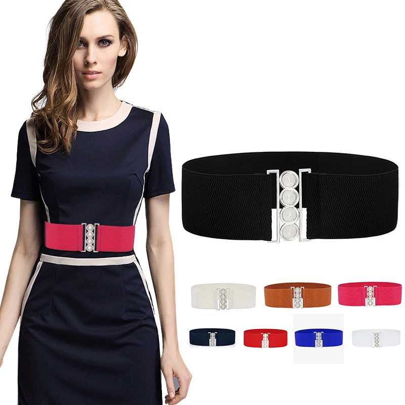 

High Quality Belts for Women Black Waist Elastic Ladies Band Metal Buckle Decoration Coat Sweater Fashion Dress Black White