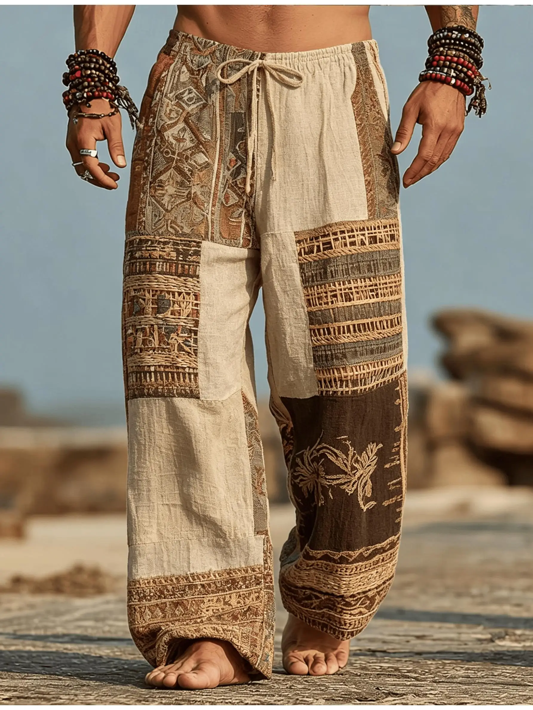 Herren-Freizeithose mit Retro-Tribal-Print, 3D-Print-Hose, Baggy-Hose mit mittlerer Taille und Kordelzug, mit Taschen, Frühling und Sommer