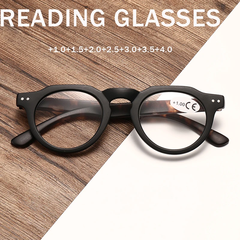 Eine Retro-Klassiker-Sonnenbrille mit schwarzem, rundem Rahmen und Leopardenmuster an den Beinen, modischer Trend, Unisex, geeignet zum Lesen und für den Computergebrauch
