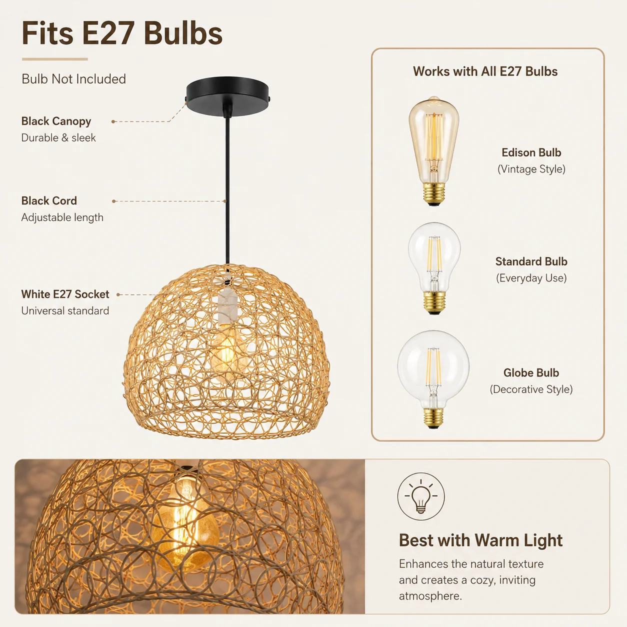 JOYINLED Beige Woven Rattan Pendant Light, 26cm Boho Hanging Ceiling Lamp with E27 Socket for Kitchen Island, No Bulb