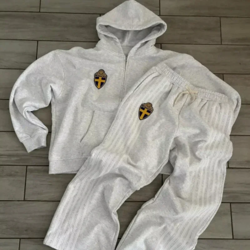 

New Y2K Zip Hooded Sweatpants Set Men Two Piece Hip Hop Embroidered Vintage Stripe Oversized Hooded Sweatshirt Casual Pants Set
