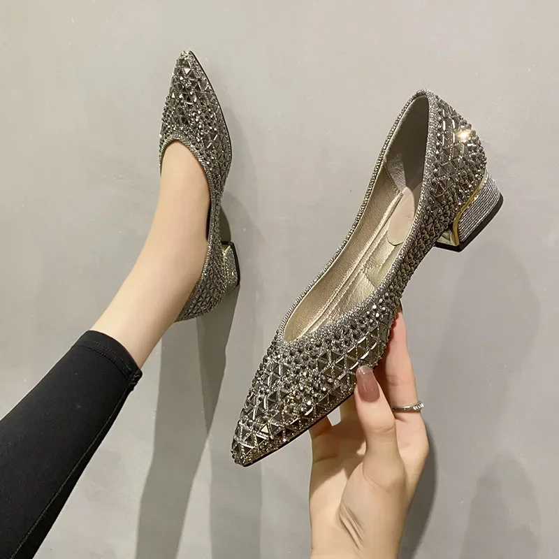 2023 Designer Woman Trafa Shoes Crystal Pumps Low Heeled Party Bride Wedding Shoes Female Sequin Loafers Ladies Dress High Heels