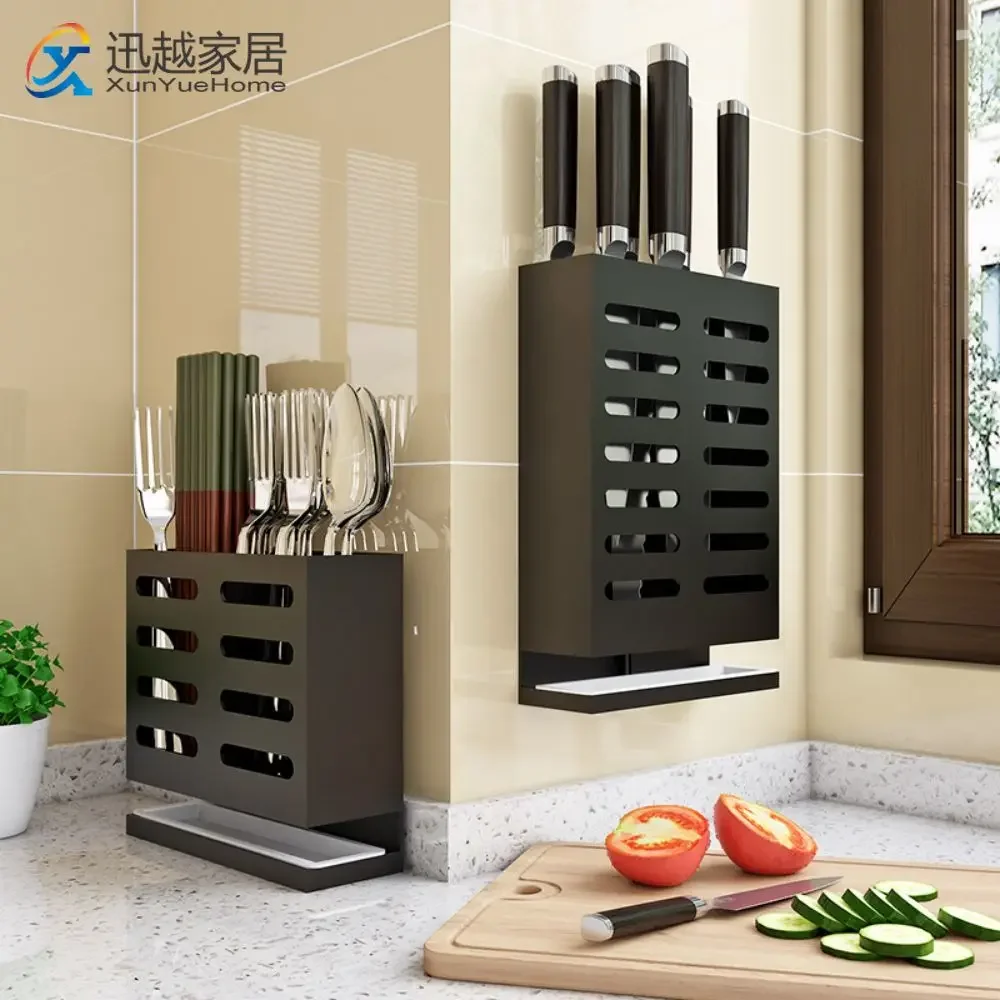 Kitchen Chopsticks Basket Rack Black Aluminum Household Drain Knife Holder Supplies Storage Wall Shelf Organization Accessories