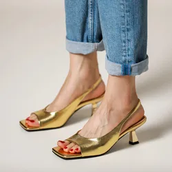 Summer Sandals Kitten Heel Shoes For Women Slip On Silver Gold  Pumps Spring Autumn Elegant Slingback Sandals Sexy Heel