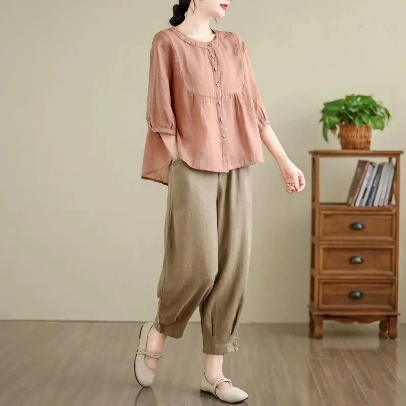 

2025 New Casual Cotton Women's Summer Two-piece set With five Quarter Sleeves Loose Fitting Mother's Top Nine Quarter Pants Set