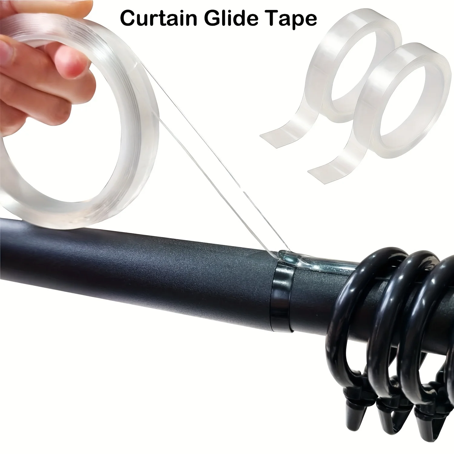 2 rolls Curtain Rod Tape, Transparent Smooth Sliding Tape for Curtain Rings, Noiseless Shower Curtain Ring Tape, Stop Rings