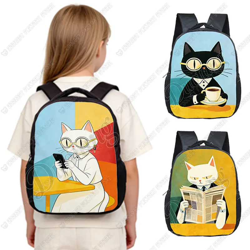 12 Inches Cat Having Coffee Anthropomorphic Cat Illustration Print Backpack for  2-4 Years Old  Kindergarten Toddler School Bags