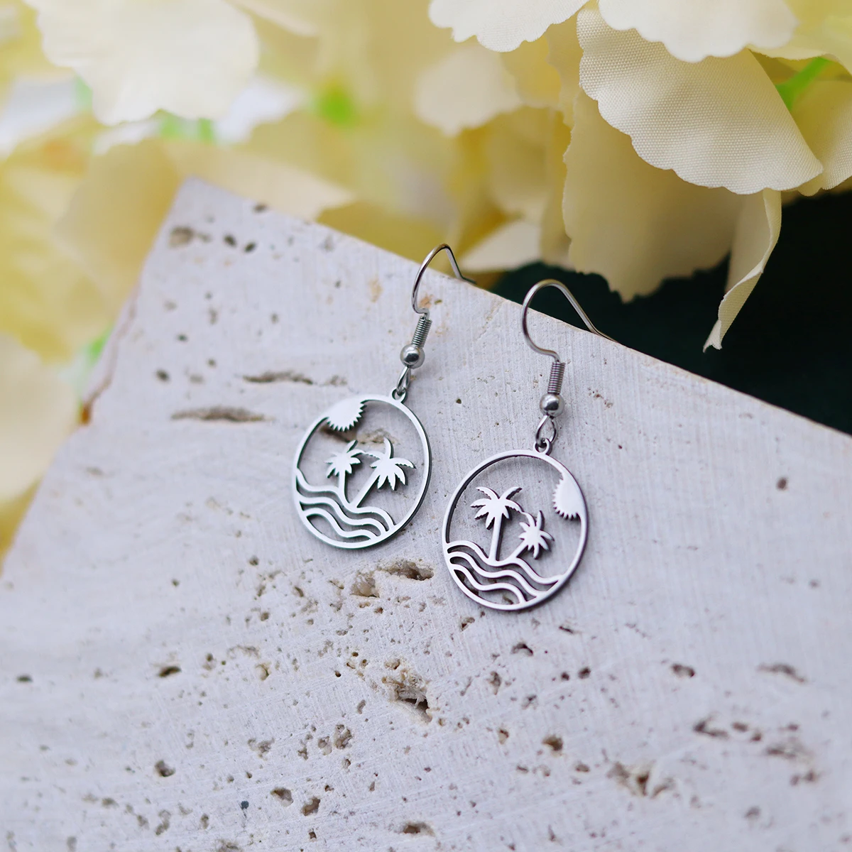 Kinitial Coconut Tree Palm Wave Sunset Pendant Drop Earrings Women Stainless Steel Dangle Earring Tropical Vacation Jewelry
