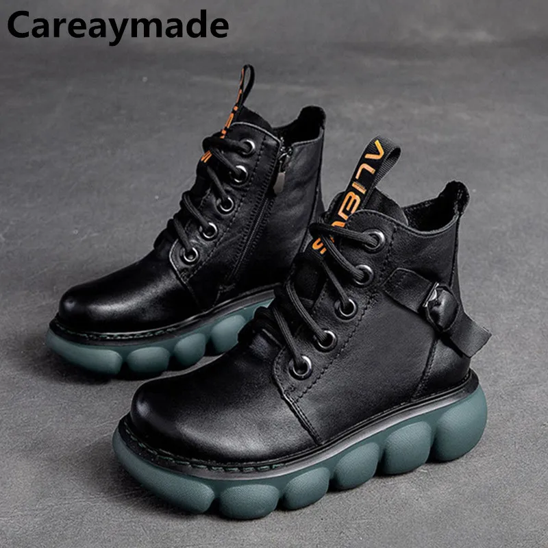 

Careaymade-Genuine Leather Retro casual boots with belt buckle single cowhide thick soled cake women's shoes warm short boots