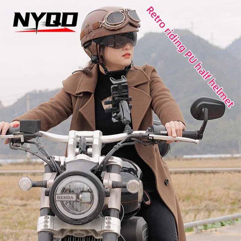 

Retro Motorcycle Helmet Half Helmet All Season Men's and Women's Outdoor Cruising Lightweight Leather Helmet Safety RidingHelmet