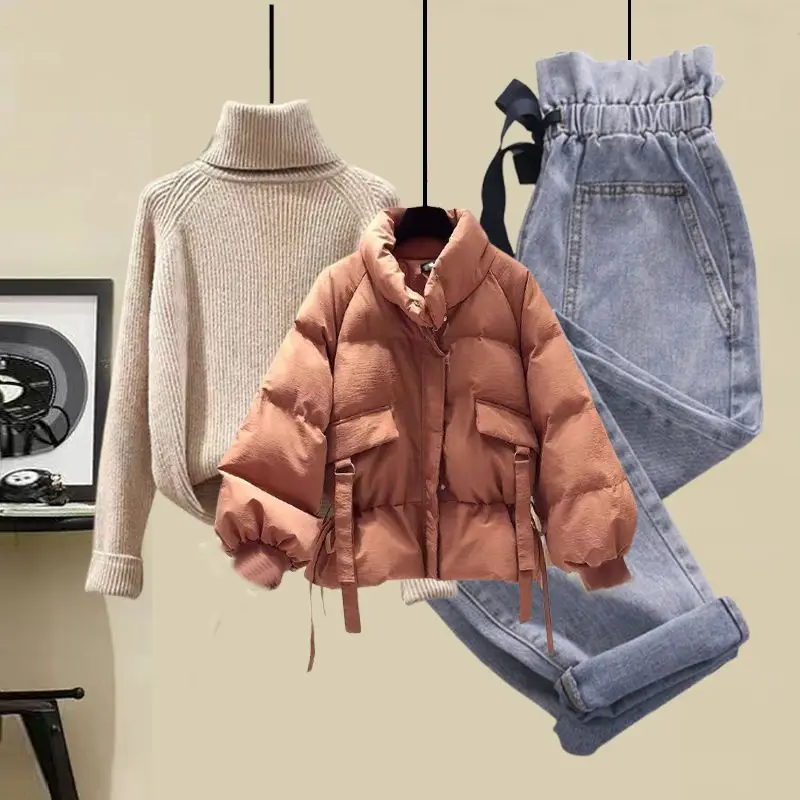 2022 Winter Women Warm Tracketsuit Female Casual Suit Plaid Coat +knitted Sweater Top And Jean Three Pieces Set Snow Outwear