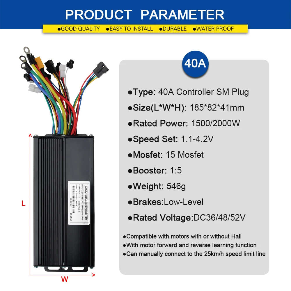 Three-Mode Sine Wave 36V 48V 52V 40A Controller with Learn Function LCD Display for 1000W-2000W Electric Bike Motor Kit Parts