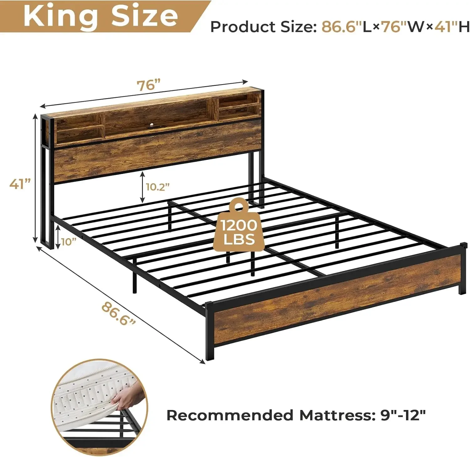 King Size Bed Frame with LED Lights Headboard, Metal Platform Bed with Outlets and USB Ports, LED Bed Frame with Storage