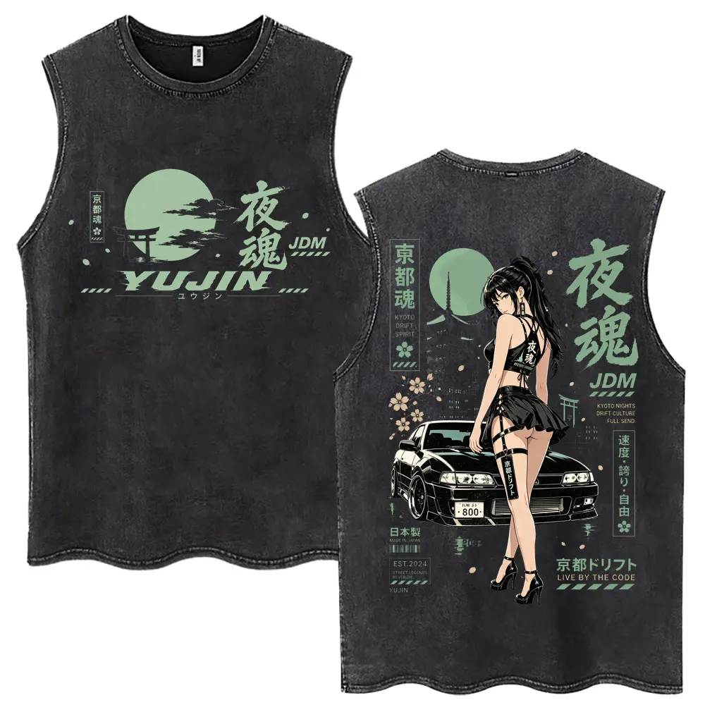 Anime Initial D Drift Tokyo JDM Racing Car Washed Tank Tops Men Women Fashion Vintage Sleeveless Vests Cotton Casual Loose Tees
