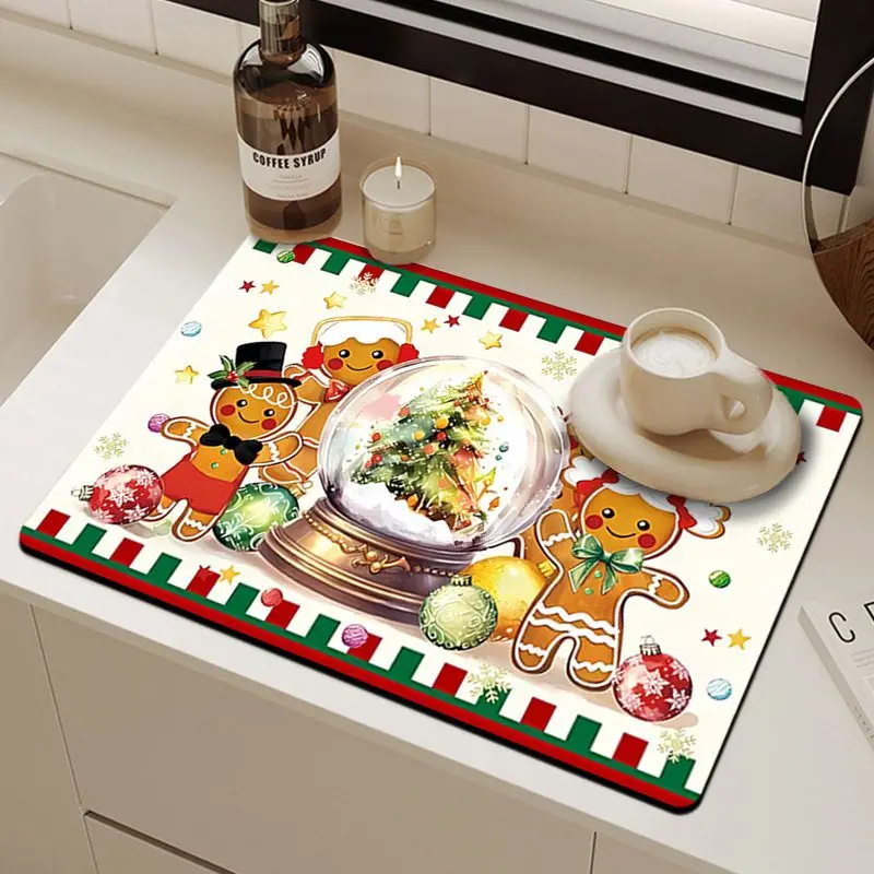 VIKAMA Kitchen Absorbent Mat Gingerbread Snowman Gift Light Non Slip Counter Dish Drying Christmas Decor