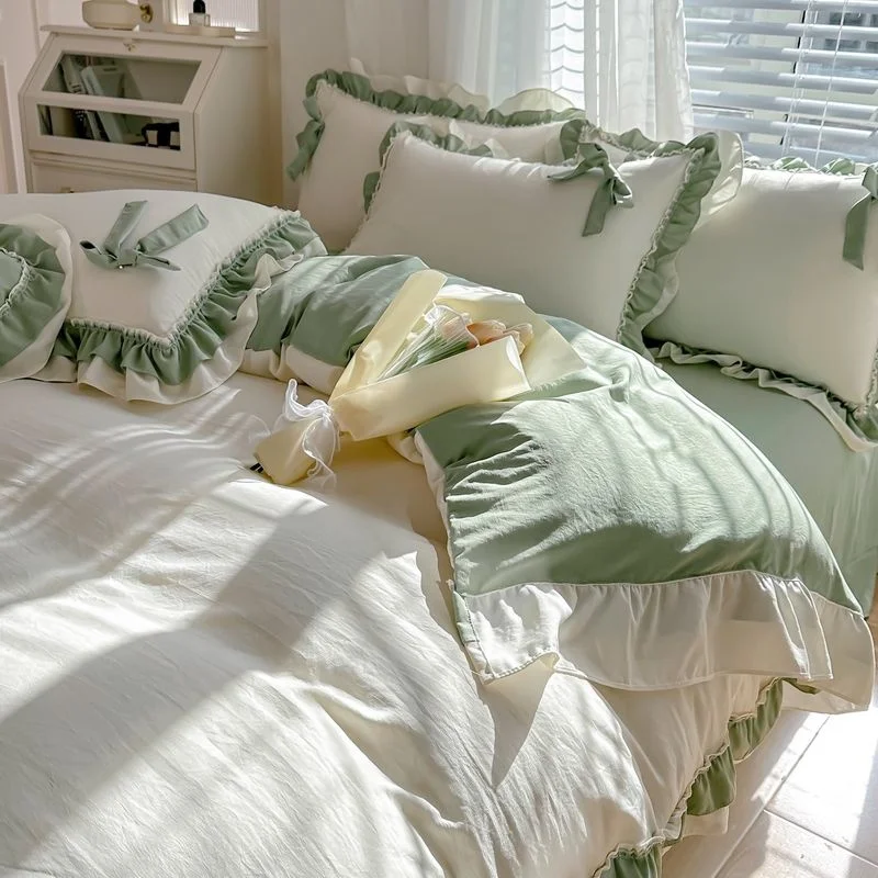 Imagem -03 - Primavera Verde Princesa Bedding Conjunto Double Layer Lace Bow Quilt Capa Folha e Fronha Simples Pastoral Menina Home Textiles