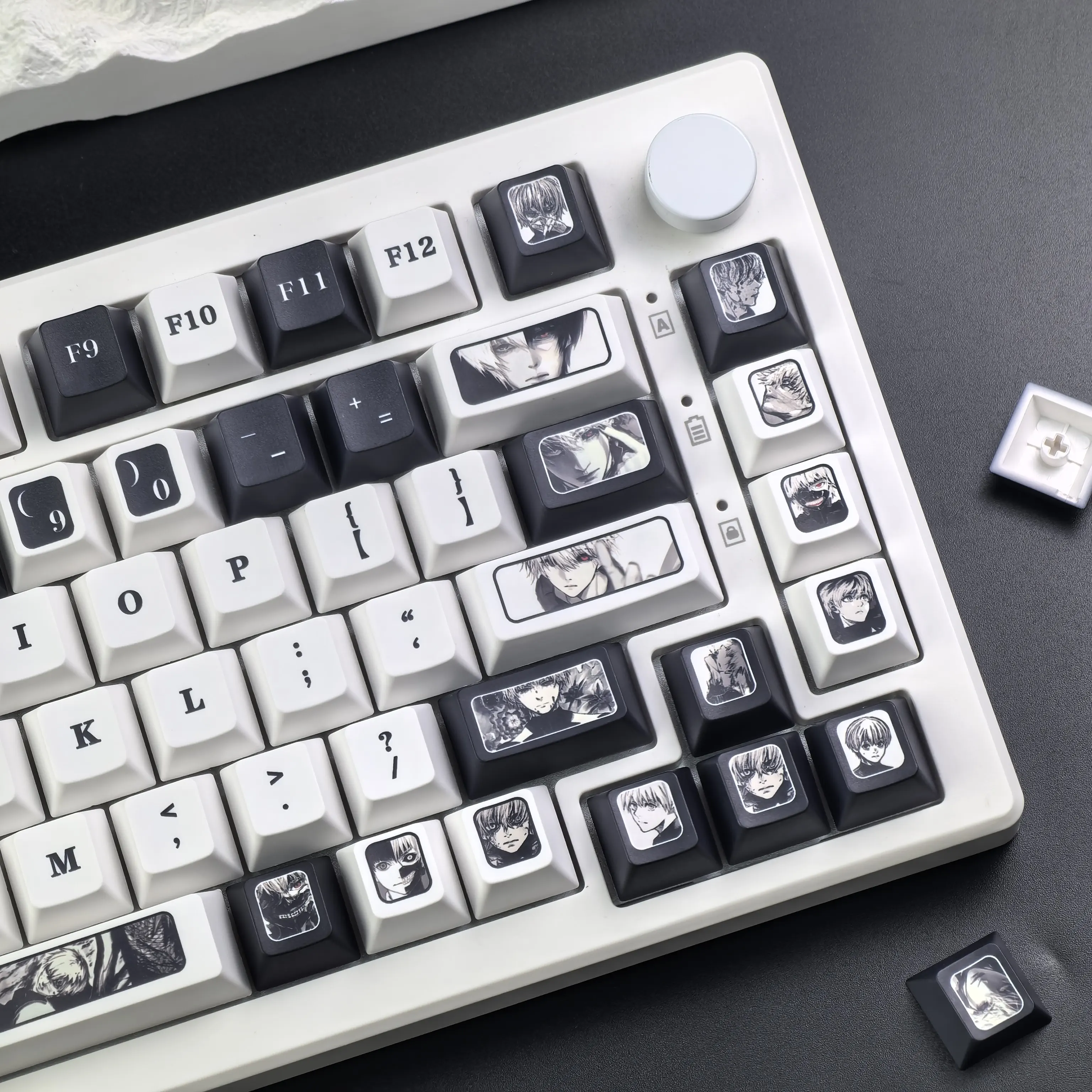 MAIMOOO Anime Keycaps Kaneki Ken Research Black And White Cherry Pbt Thermal Sublimation Keyboard Russian And Korean Keycaps