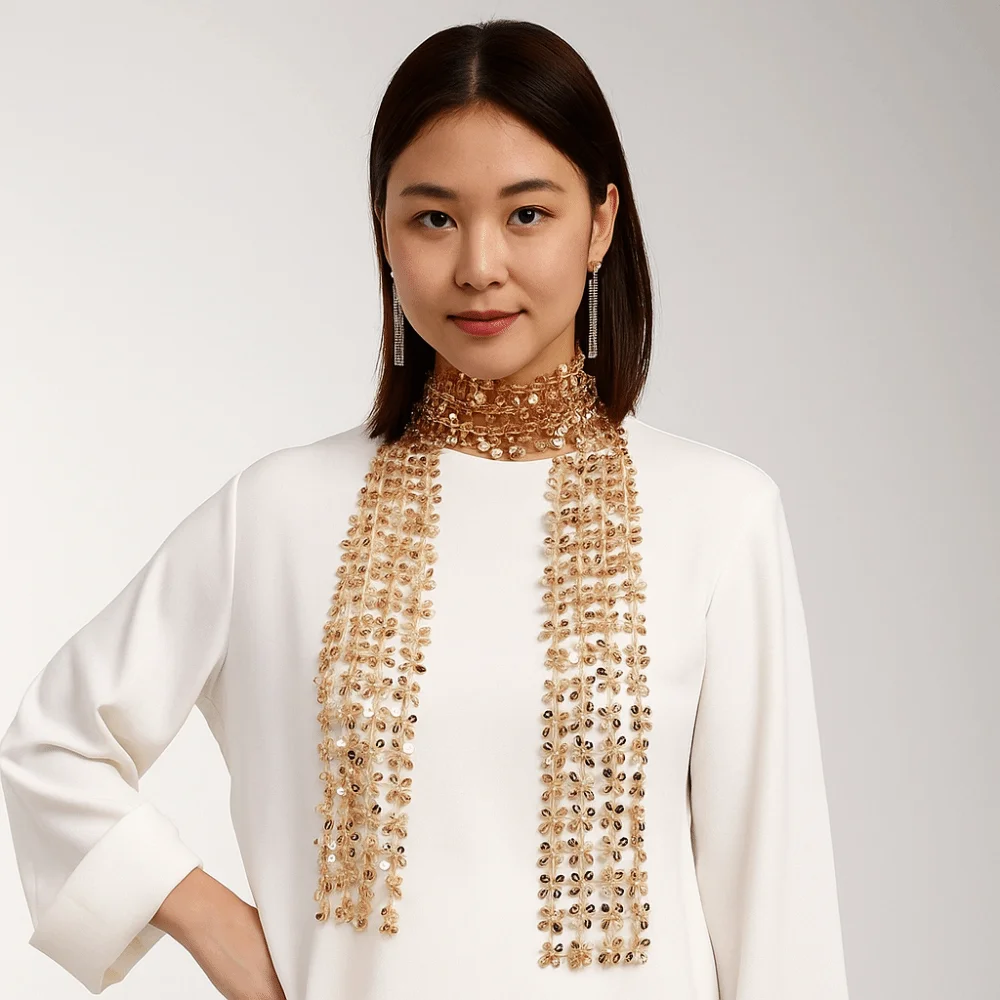 Fashion Sequins Sequin Scarf Flower Shape Tassel Belly Dancing Scarf Dance Accessories Glitter Embellished Waist Chain Girl