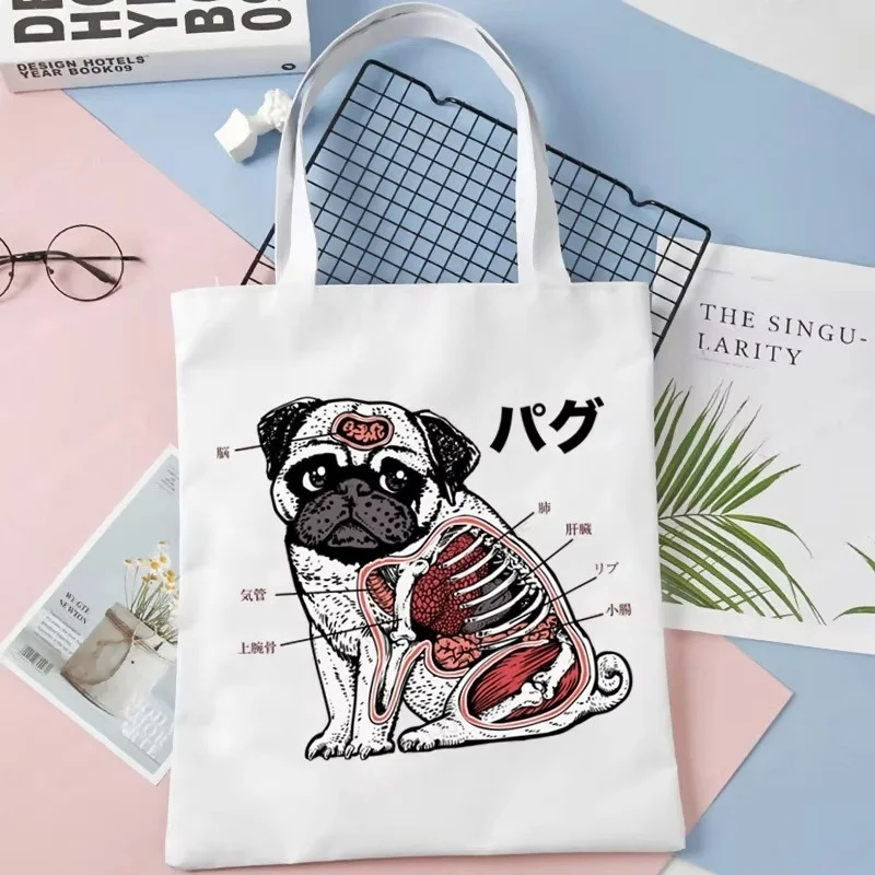 Cute Bee Pug Canvas Tote Bag Cartoon Puppy Bee Cosplay Print Shoulder Handbag Casual Reusable Shopping Bag for Women