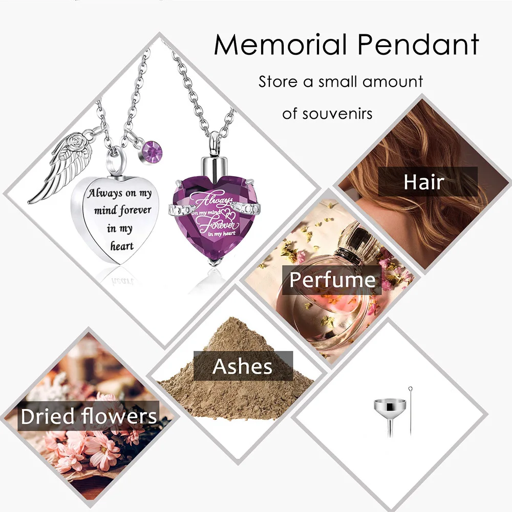 2Pcs Cremation Jewelry for Ashes Heart Crystal Urn Necklace Pendants Ashes for Human Keepsake Memorial Angel Wing