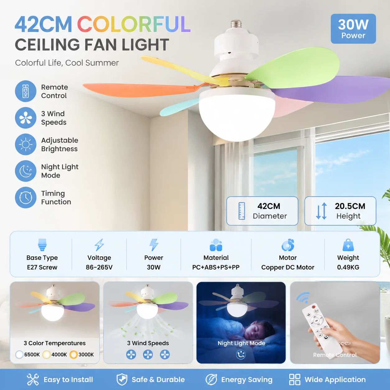 LED Colored Six-Leaf Flower-Shaped Fan Light with E27 Socket, Dimmable, Removable, New Home Fan Light
