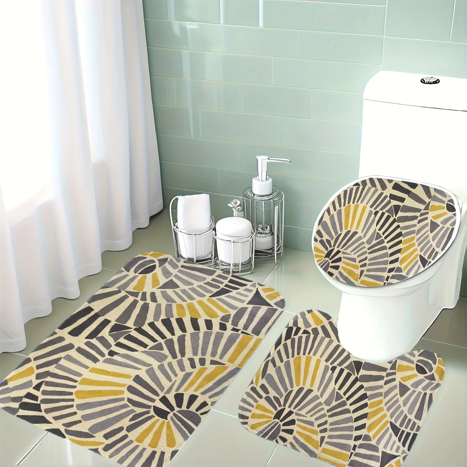 

3pcs Modern Beige Golden Black Gray Bathroom Rug Set - Non-Slip Soft with Toilet Lid Cover & U-Shaped Mat, Luxury Floor Mats for