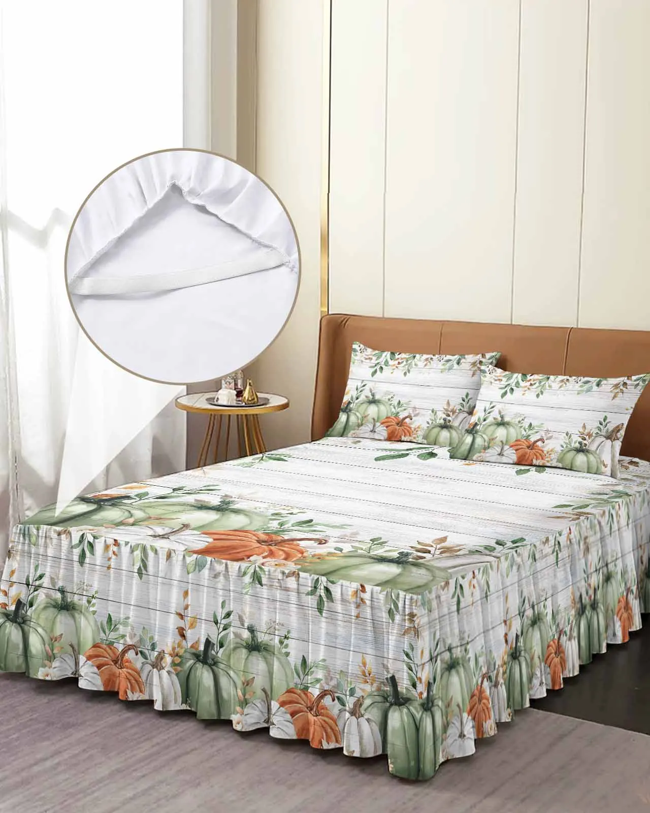 

Thanksgiving Autumn Eucalyptus Skirt Elastic Fitted Bedspread With Pillowcases Mattress Cover Bedding Set Bed Sheet