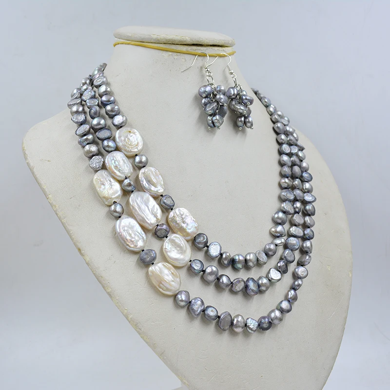 3-strand 8MM natural gray/white Baroque pearl necklace/earring set