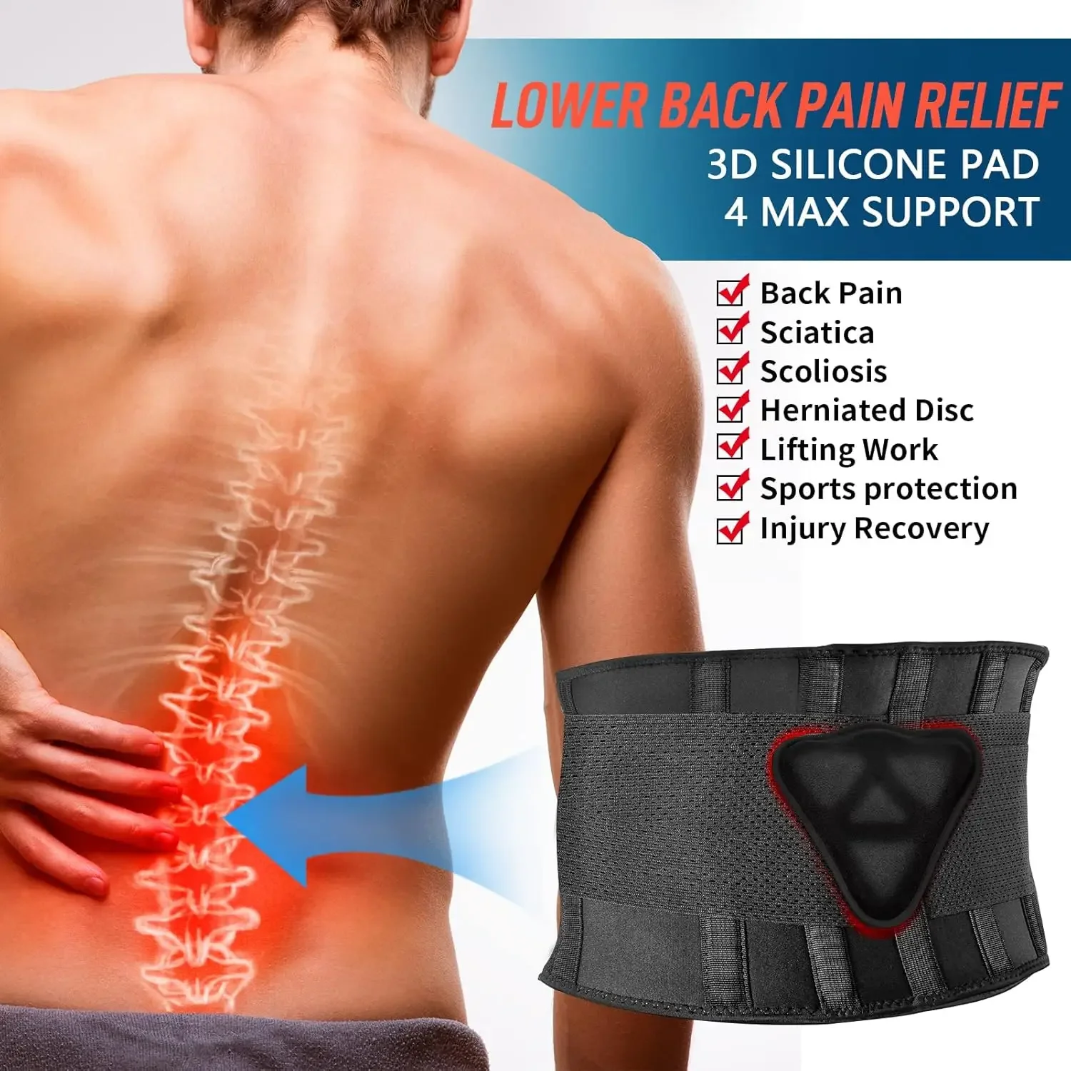 

Back Brace for Men Lower Back Pain Relief Lumbar Support Brace Waist Belt with Ergonomic 3D Silicone Pad for Heavy Lifting Work