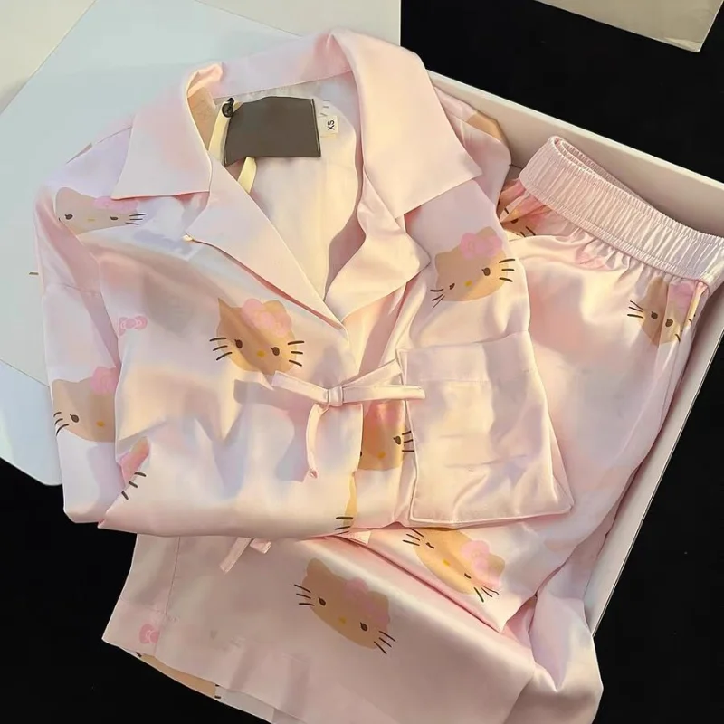 

Sanrio Hello Kitty Women Sexy Sleeping Pajamas Sets Kawaii Cartoon Spring Autumn Nightgowns Long Sleeve Pant Sleepwear Homewear