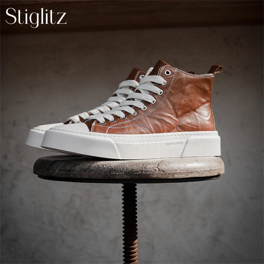 High-Top Genuine Leather Casual Shoes for Men Cowhide Lace-Up Business Casual Shoes Comfortable and Breathable Daily Footwear