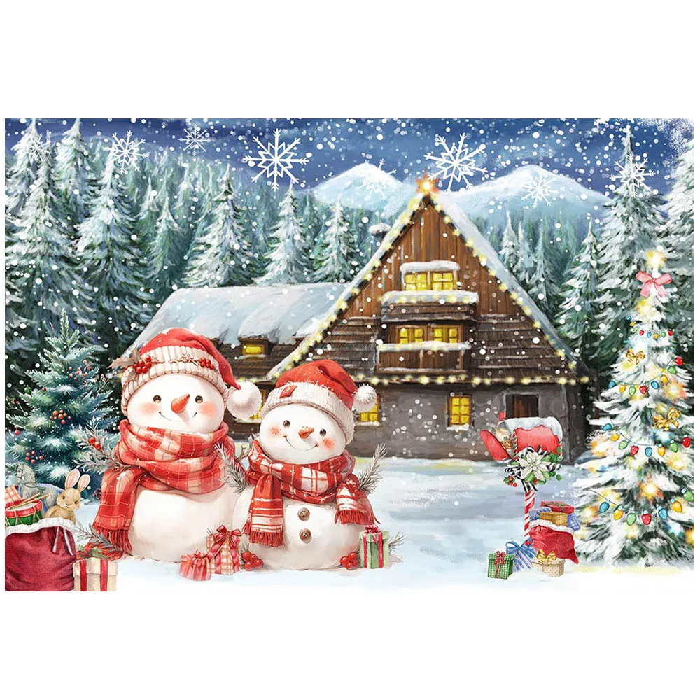 Mocsicka Winter Christmas Background Snow Forest Wooden House Snowman Xmas Tree Baby Kids Portrait Photo Backdrop Shooting Props