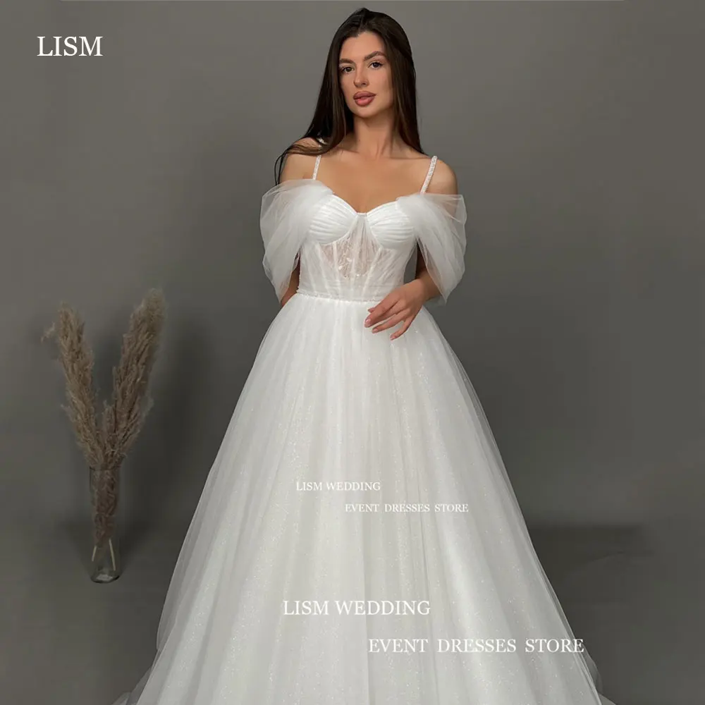 LISM Elegant A Line Tulle Wedding Dresses Spaghetti Straps Glitter Customised Bridal Gown Cap Sleeve Corset Vestido de noiva