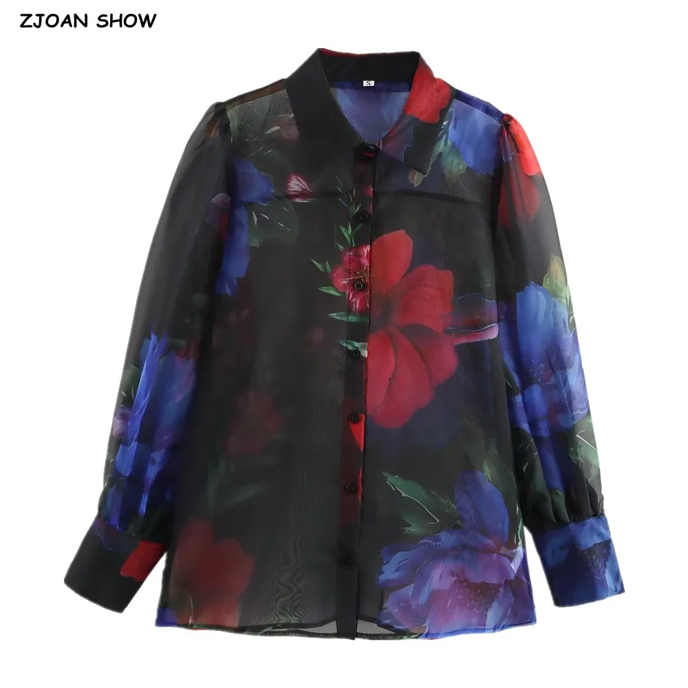 2025 CHIC primavera solapa estampado de flores ver a través de camisa de Organza mujeres botones de un solo pecho blusas sueltas de manga larga Tops