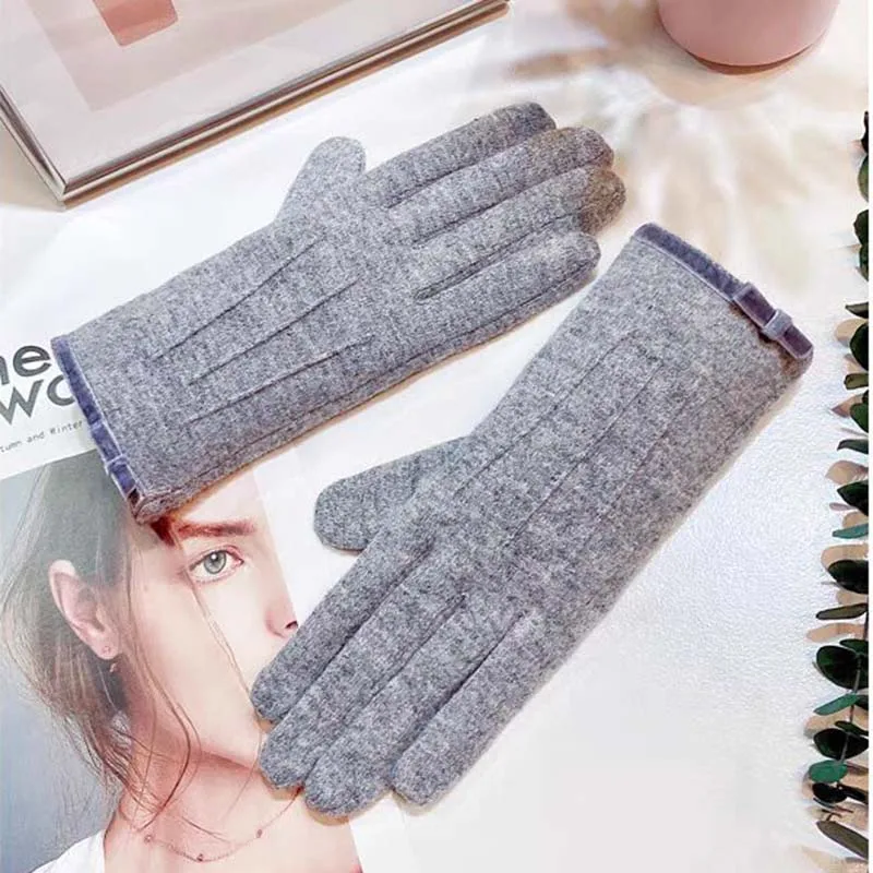 

Korean Warm Touch Screen Coldproof Cashmere Gloves Women's Winter Bow Wool Double Layer Thicken Windproof Riding Driving Mittens