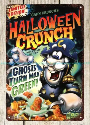 Caja de cereales CAPN Crunch's Halloween Crunch, letreros de lata de metal para cervecería