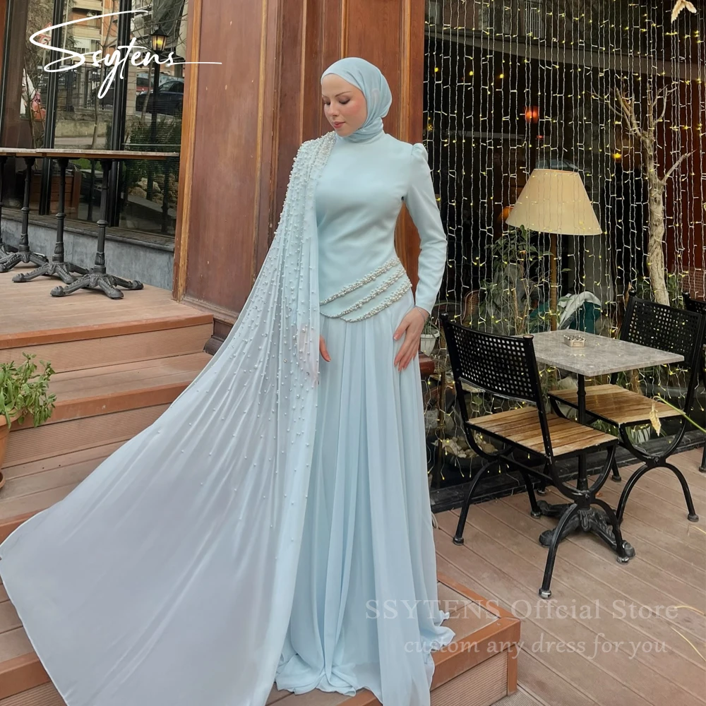 SSYTENS Elegant Muslim Hijab Evening Gown Woman Sky Blue A-Line Chiffon with Beading Dubai Arabic Wedding Party Dress Customized