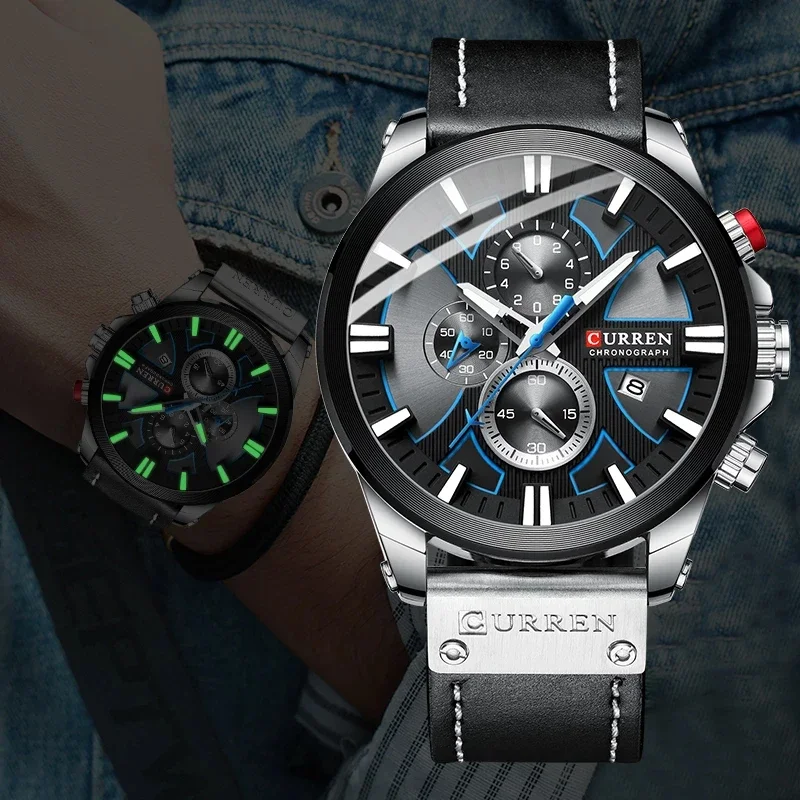 CURREN Watch For Men Top Brand Luxury Luminous Leather Men's Casual Sports Fashion Waterproof Chronograph   Relogio Masculino
