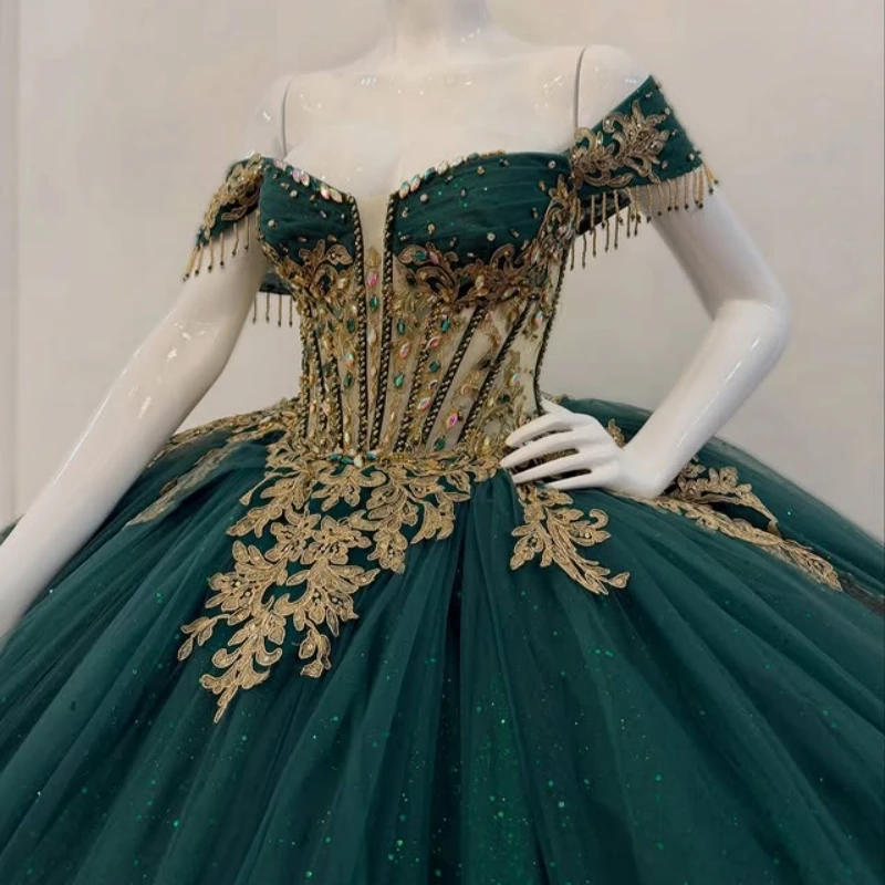 Dark green Glitter Quinceanera Dresses Off Shoulder Ball Gown Sweet 16 Dress Gold Applique Lace Beads Bow Tull Party Birthday