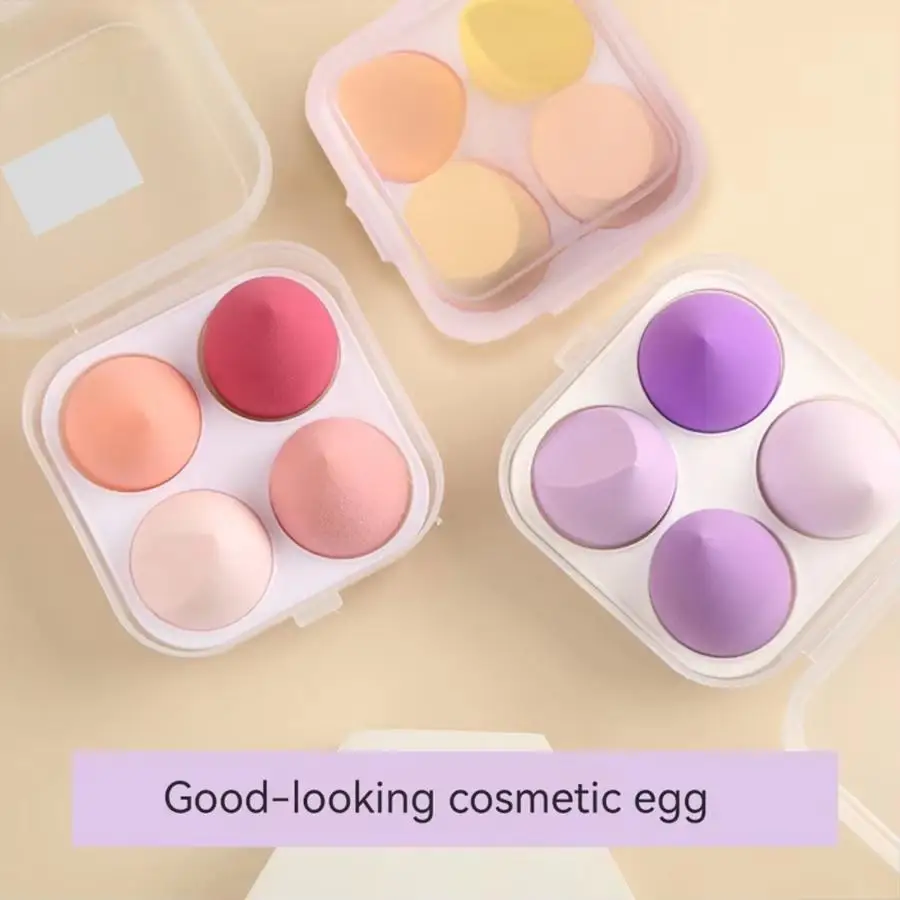 Zestaw 4 gąbeczek do makijażu, bezszwowe, łatwiejsze rozmazywanie, higieniczniejsze, zapobiegają osadzaniu się bakterii, tworząją idealny wygląd makijażu, etui na gąbeczki.