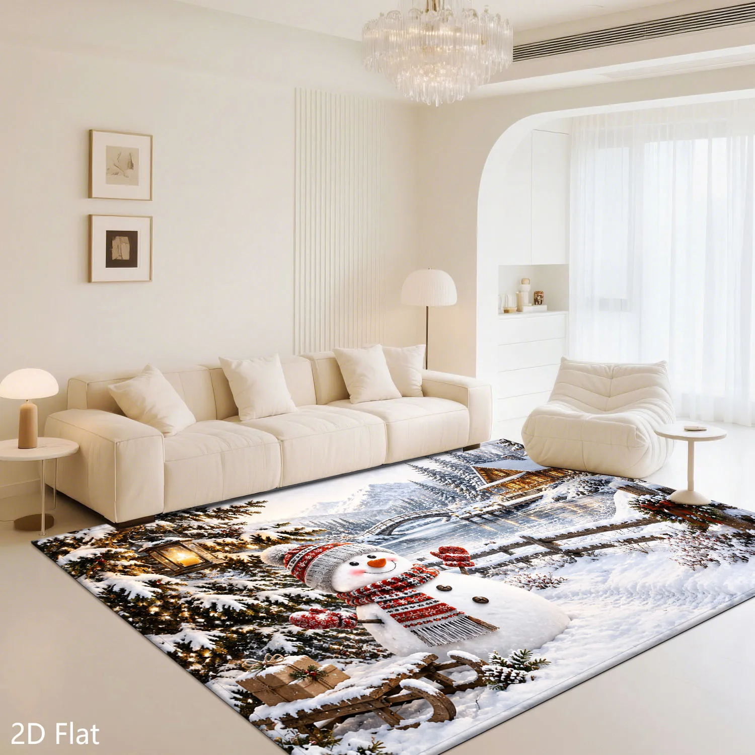 1pc 2D Flat Snowman Winter Snowy Mountain Scenery Printed Floor Mat, Decorative Rug for Living Room, Bedroom, Home