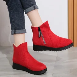 Ladies Shoes on Sale 2023 Brand Zipper Women's Boots Winter Round Toe Solid Flock Plush Warm Short Barrel Low-heeled Naked Boots