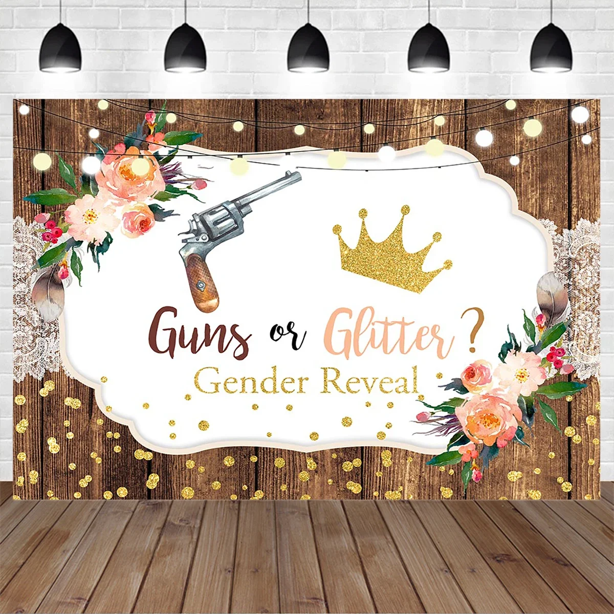 Baby Gender Reveal Birthday Wooden Background Photography Guns Gold Crown Flower Vintage Backdrop Newborn Boy Girl Photo Prop