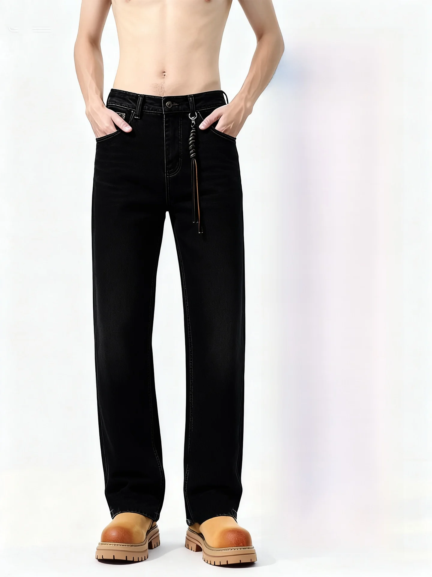 Pure Black Fleece Lined Slim Fit Men's Jeans Spring Autumn Low Waist Straight Leg Micro Flared Pants Youth Fashion Jeans