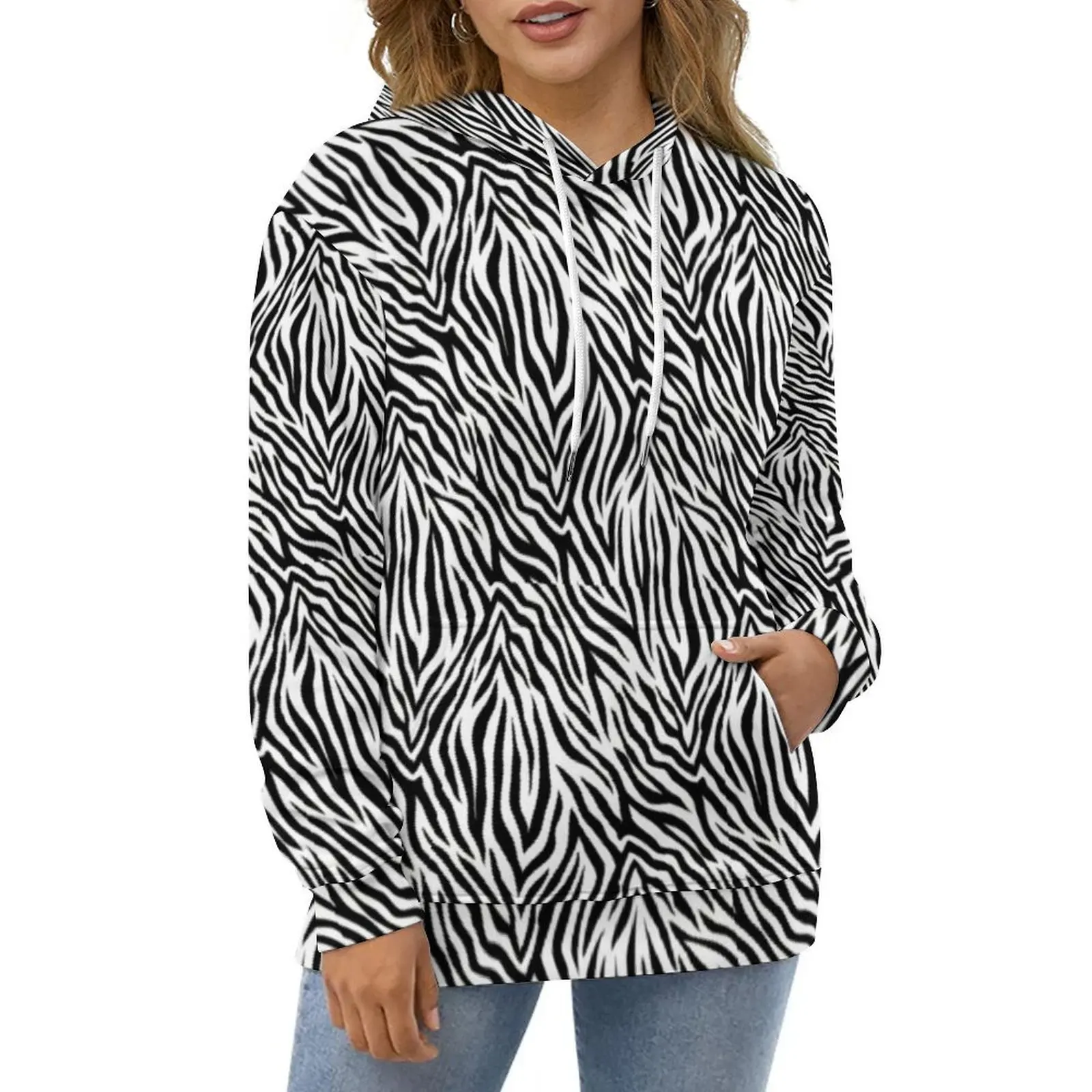 

Zebra Stripes Casual Hoodies Trendy Black White Animal Pullover Hoodie Women Long Sleeve Fashion Design Loose Hooded Sweatshirts