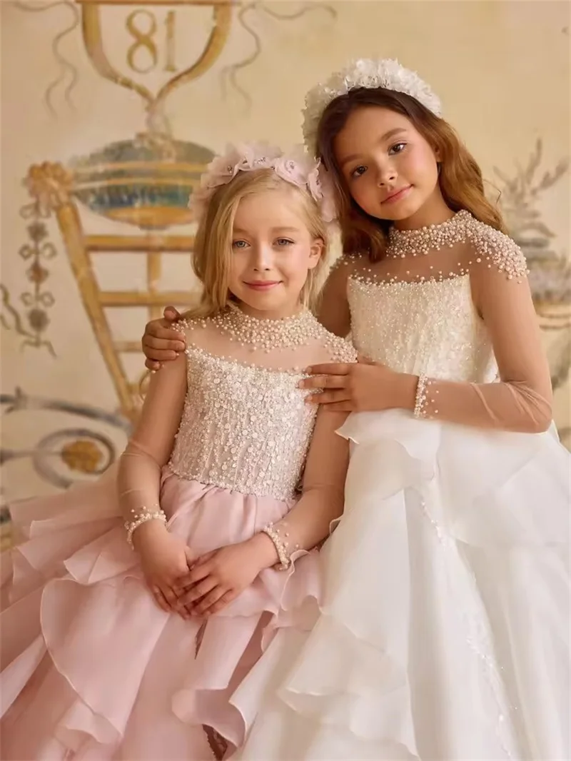 Customized Ivory Flower Girl Dresses For Wedding Pearls Sequins Layered Floor Length Gorgeous Princess First Communion Prom Gown